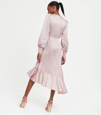 Pink Satin Long Sleeve Wrap Dress | New Look